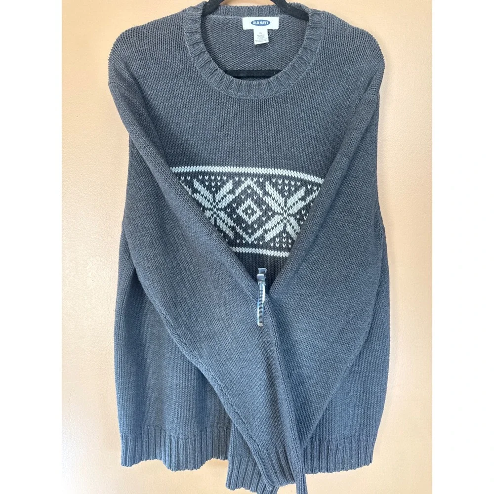 Old Navy Mens XL Charcoal Gray Fair Isle Geometric Knit Crewneck Sweater Pullove